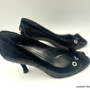 Stuart Weitzman Black Suede Sequined Pumps 6 M Peep Toe Tasseled Stiletto Heels
